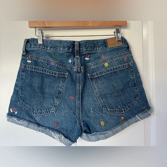 American Eagle (AE) Denim Embroidered '90s Boyfriend Short Sz 6 100% Cotton - Picture 2 of 5